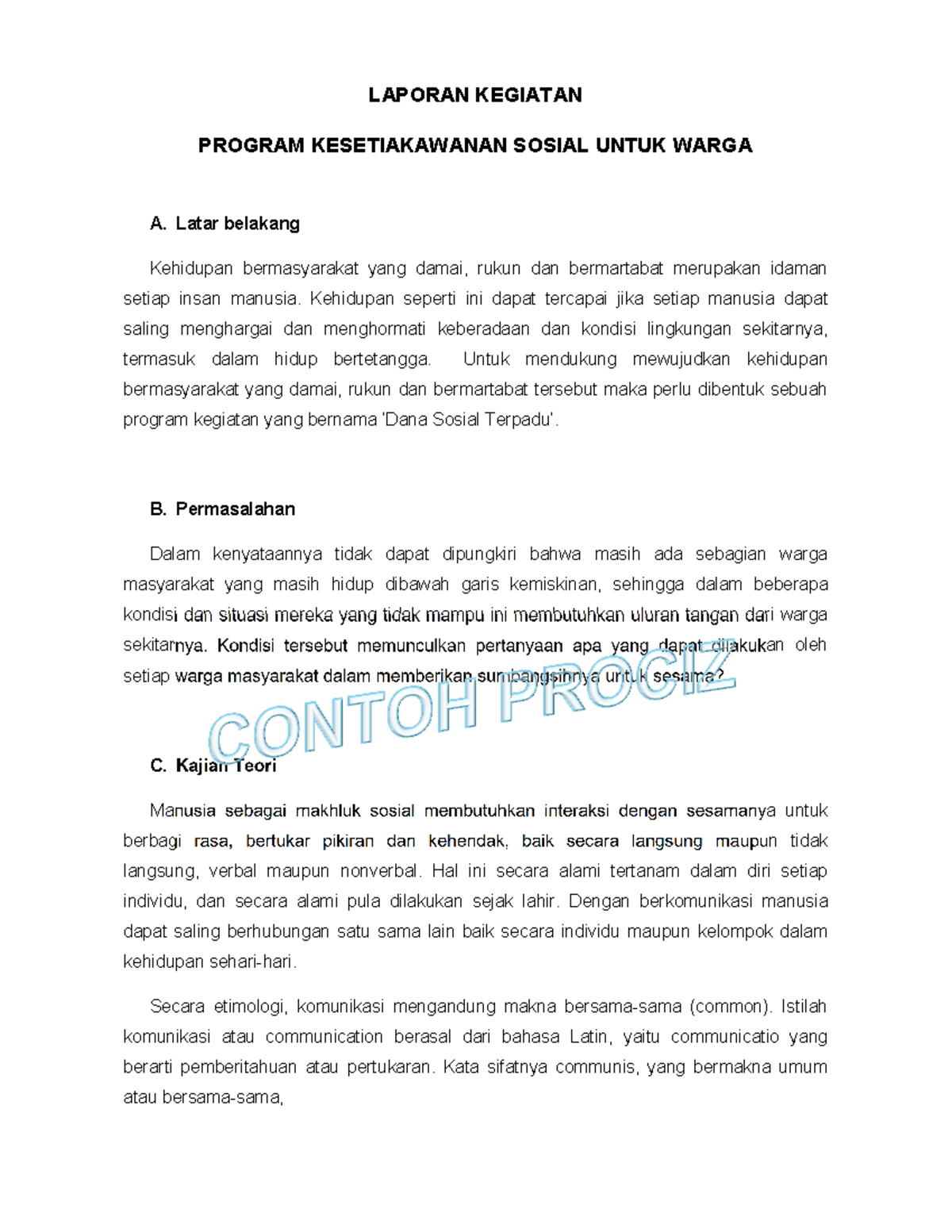 Contoh Laporan Kegiatan Prociz LAPORAN KEGIATAN PROGRAM