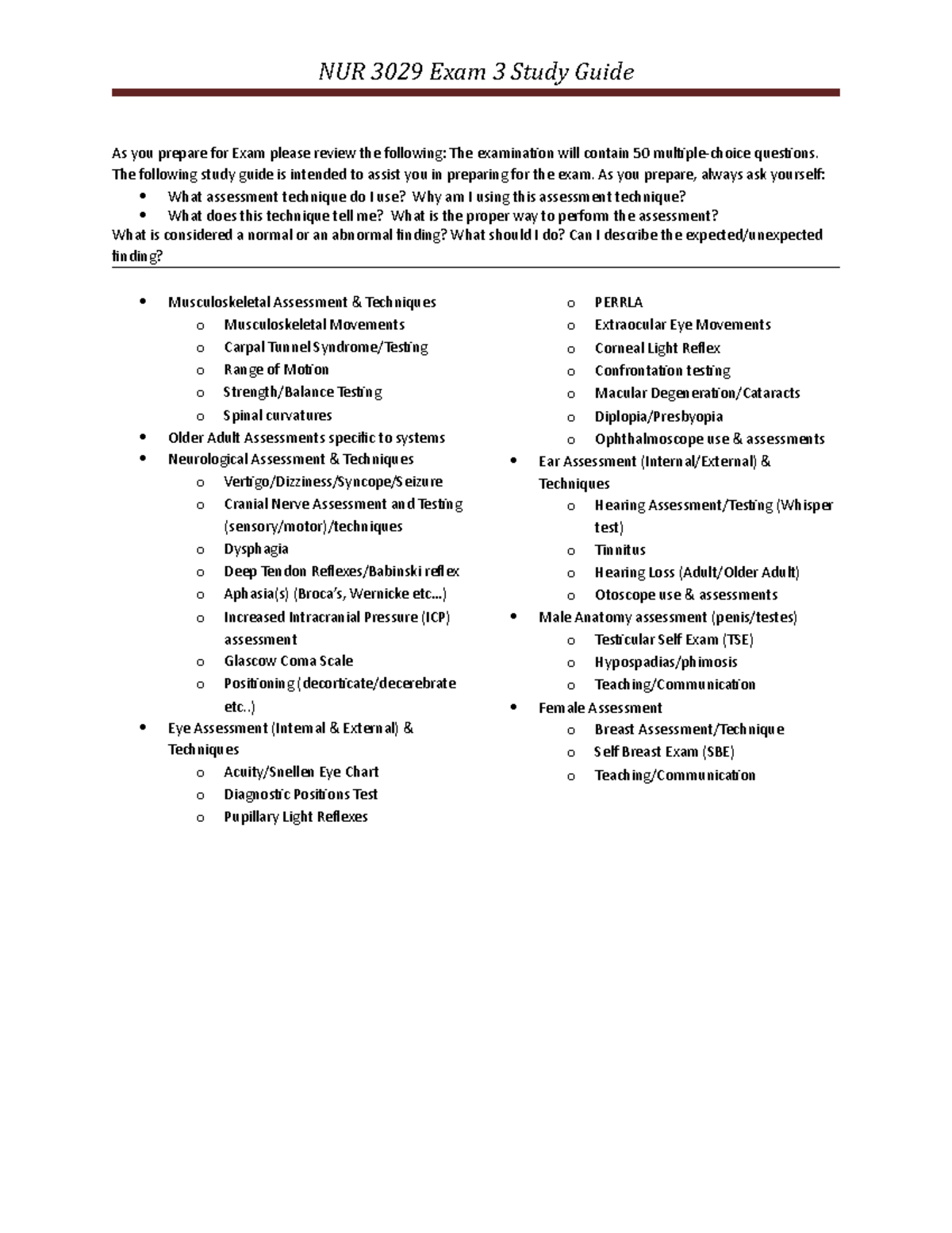 EXAM 3- NUR 3029 W2016 Study Guide - NUR 3029 Exam 3 Study Guide As you ...