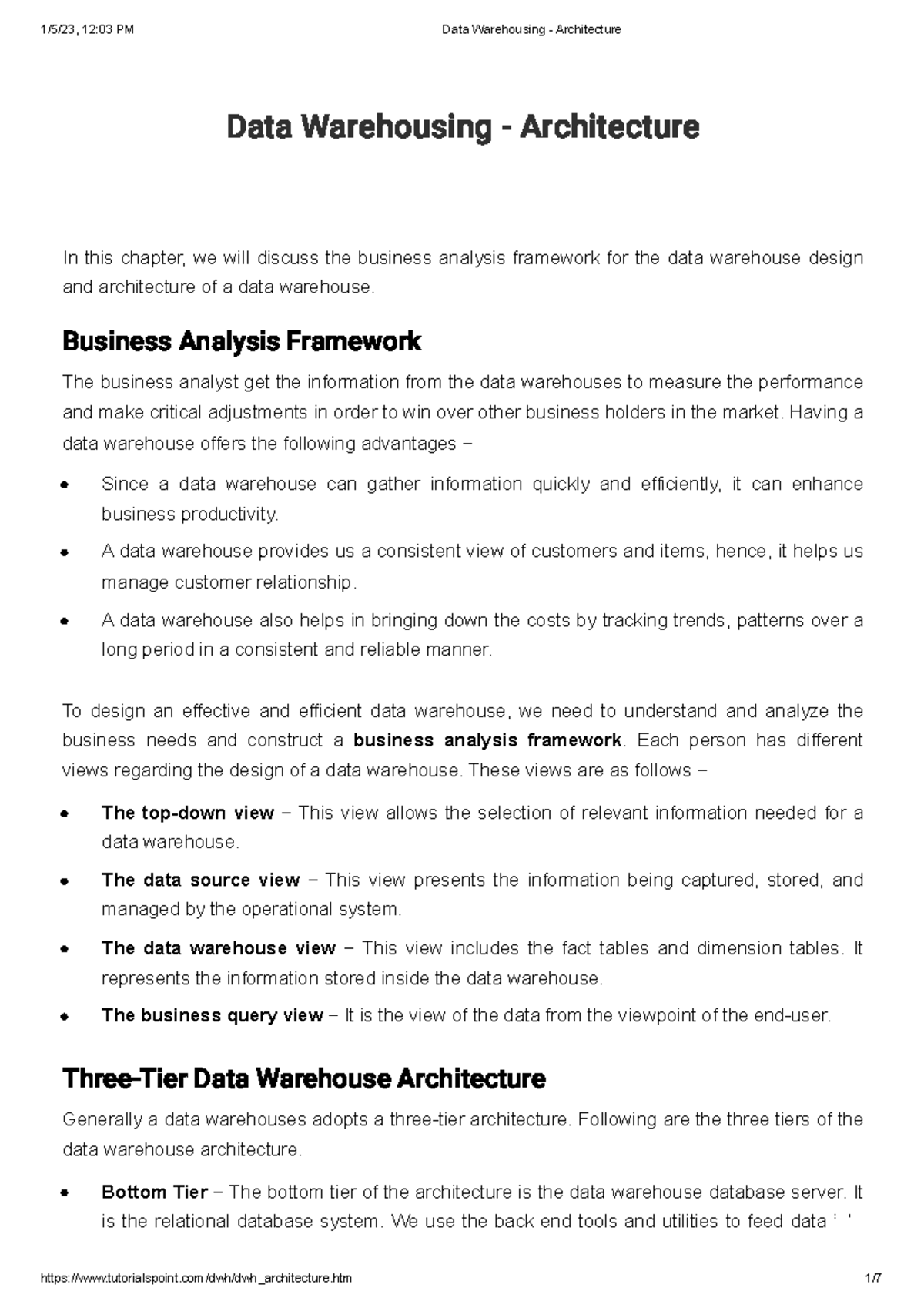 Data Warehousing - Architecture - Business Analysis Framework The ...