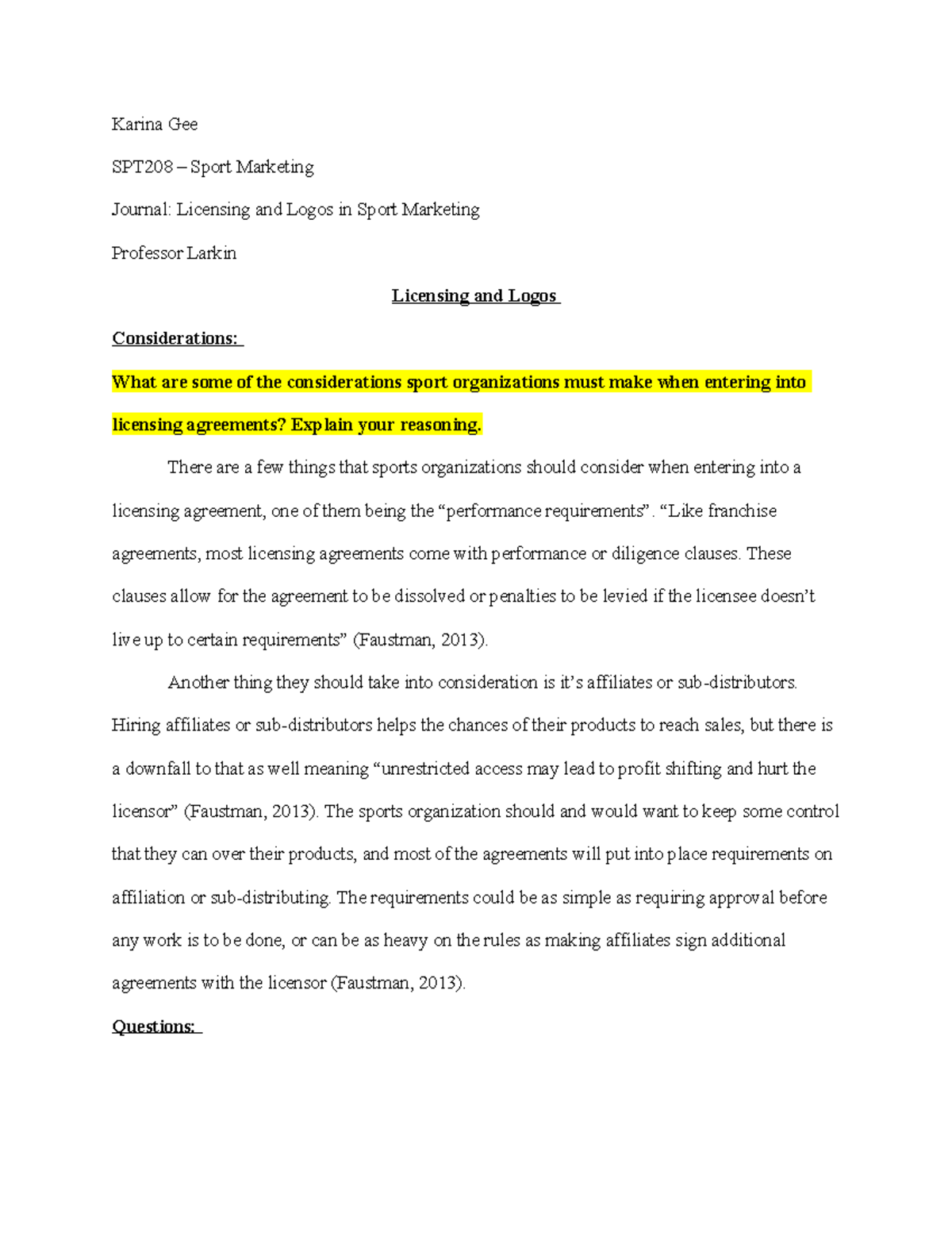 SPT208 Journal (Licensing & Logos) Karina Gee SPT208 Sport