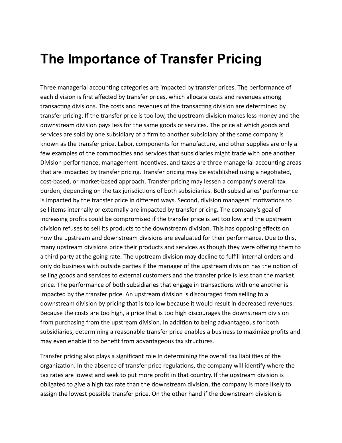 essay on tranfer pricing