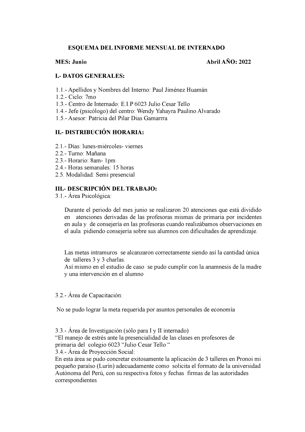 Modelo De Informe Mensual Esquema Del Informe Mensual De Internado Mes Junio Abril AÑo 2022 8830