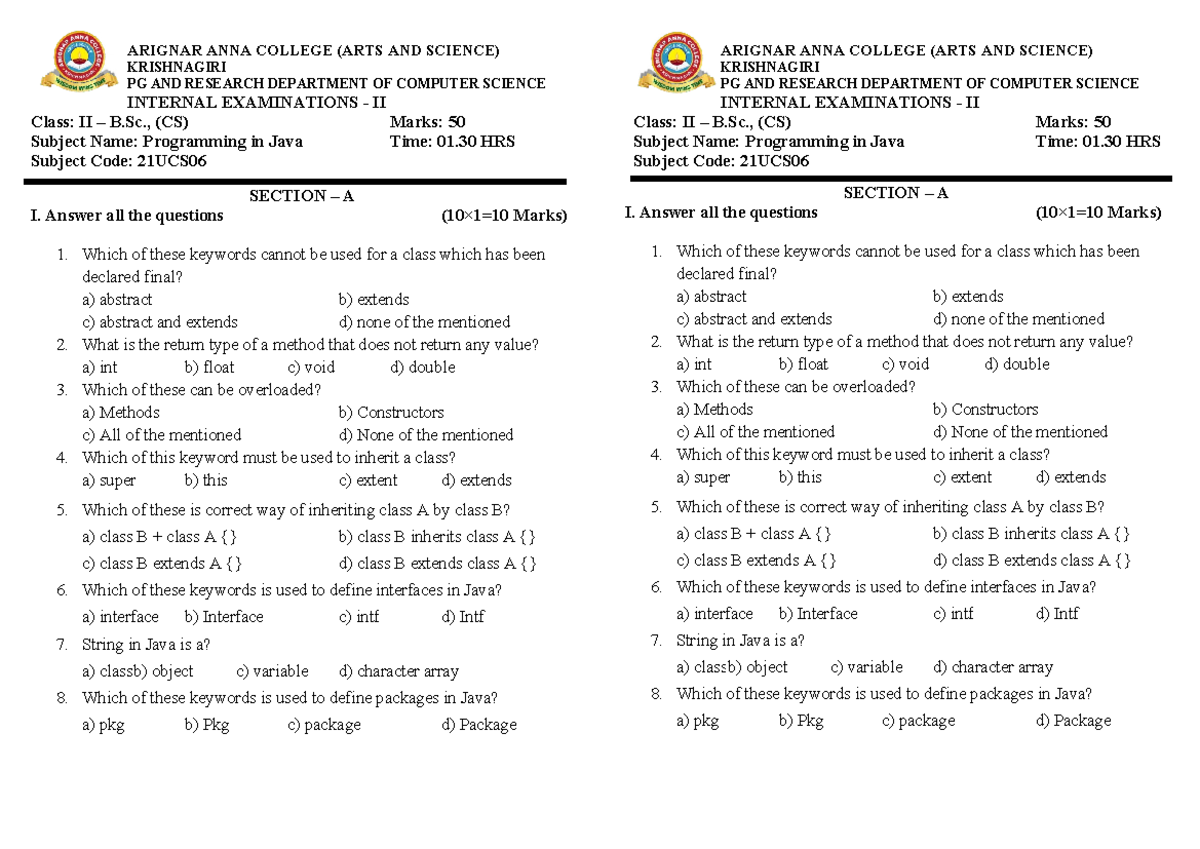 Internal II JAVA QUES - using - ARIGNAR ANNA COLLEGE (ARTS AND SCIENCE ...
