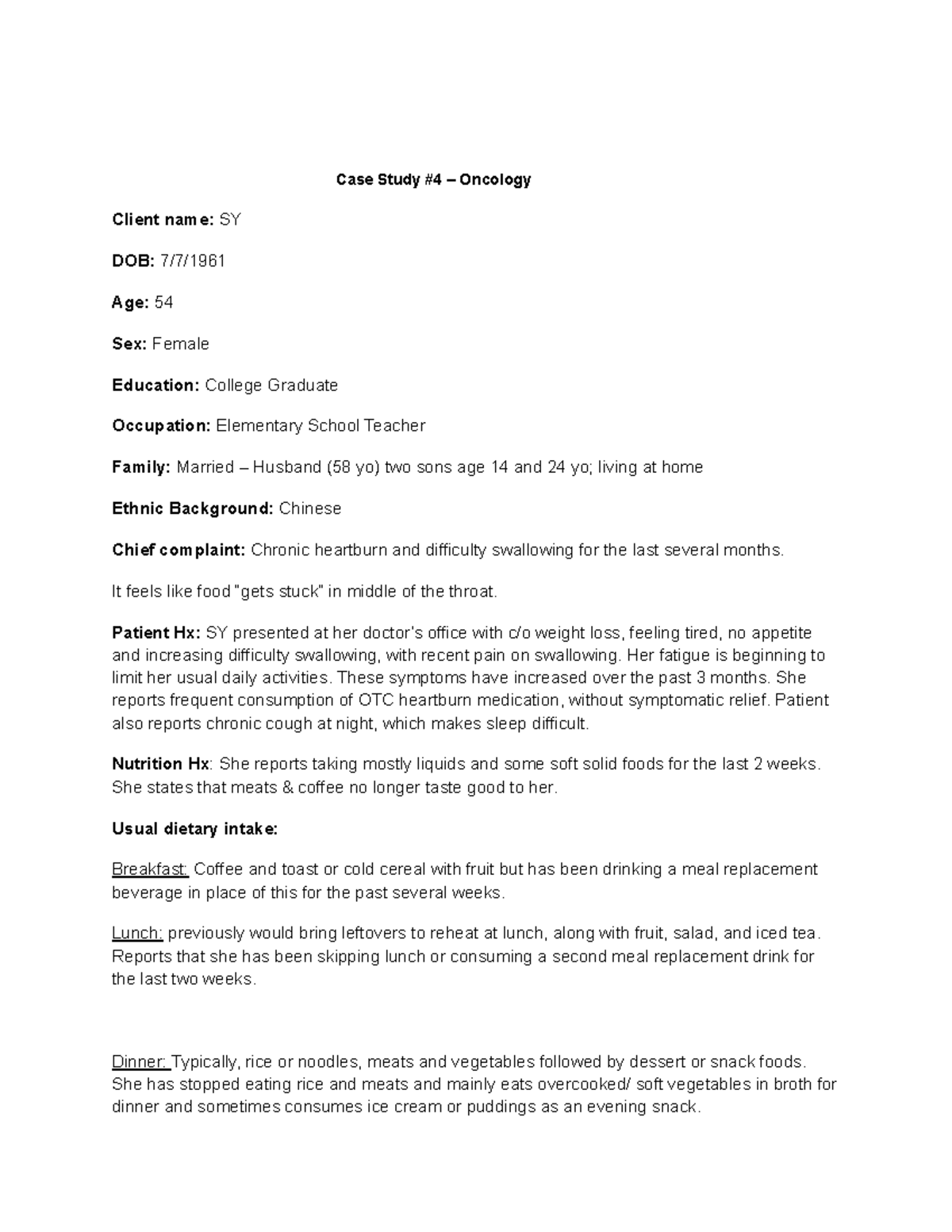 NST 161B Case Study Oncology Case Study 4 Oncology Client name SY
