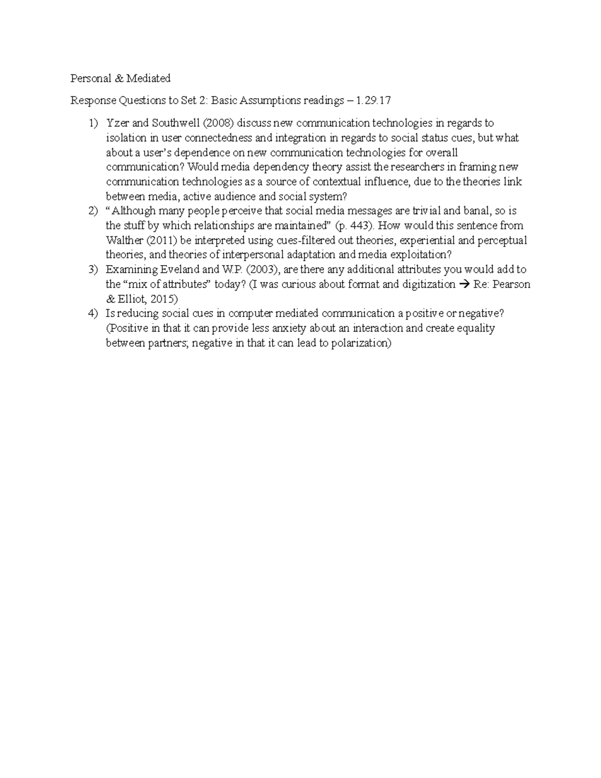 Response Questions 1 - Personal & Mediated Response Questions to Set 2 ...