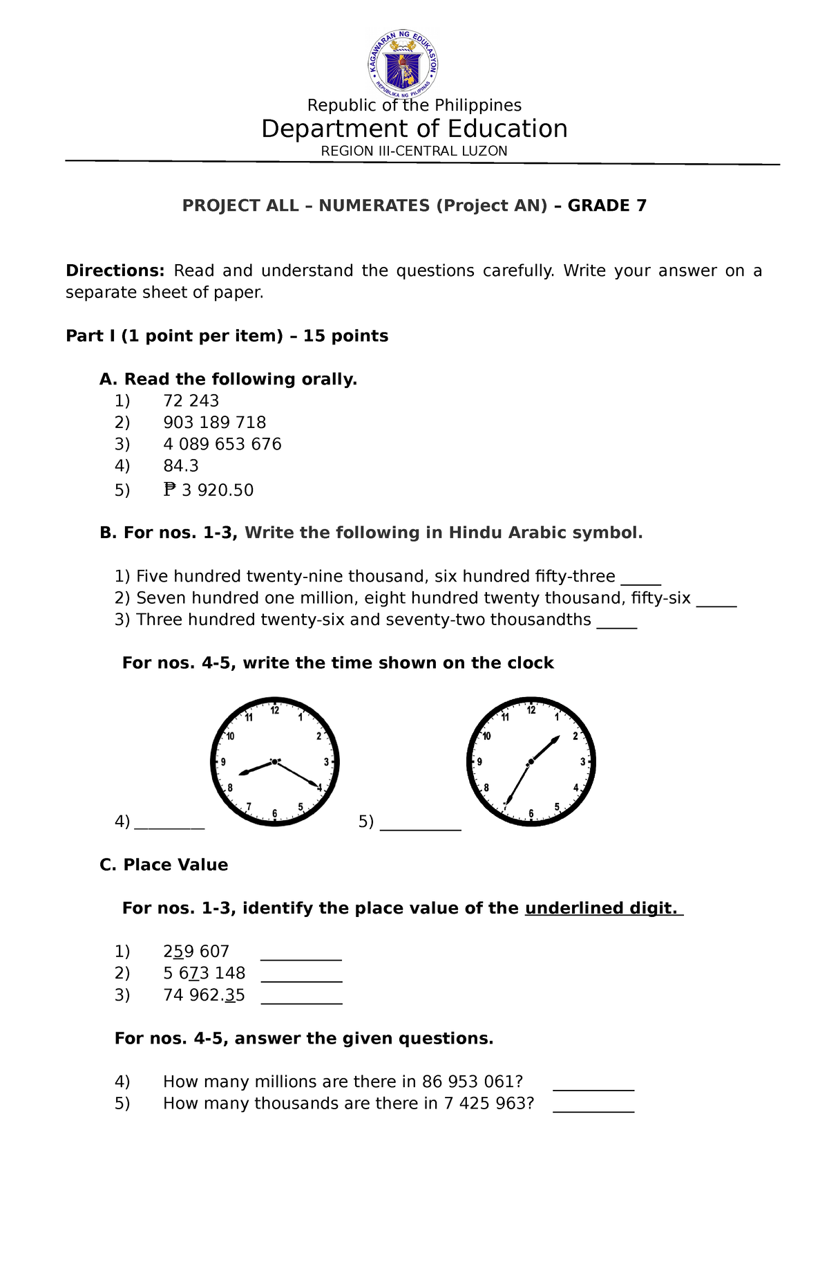 Grade 7 Project AN Assessment TOOL POST TEST Edited - Republic Of The ...