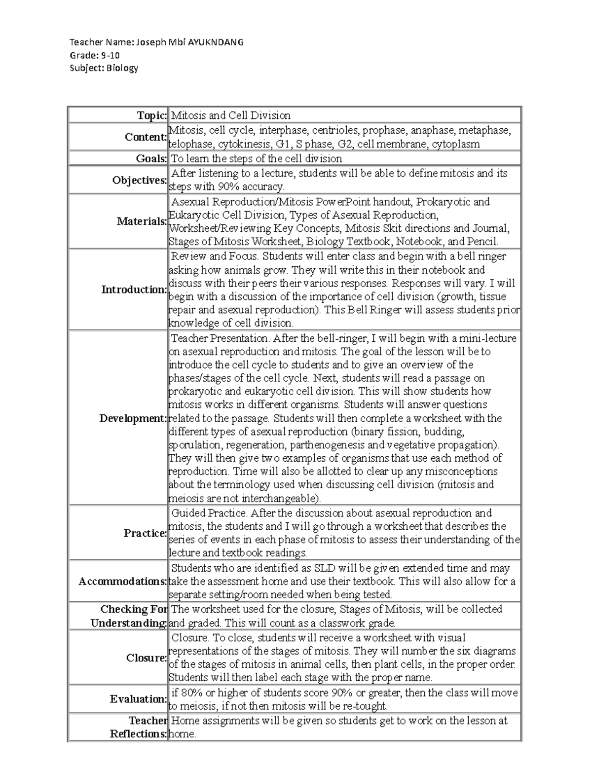 Biology Lesson Plan Grade 9 Subject Biology Topic Mitosis And 