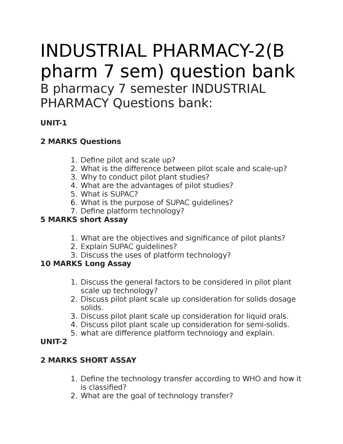 Industrial Pharmacy II Question BANK INDUSTRIAL PHARMACY 2 B Pharm 