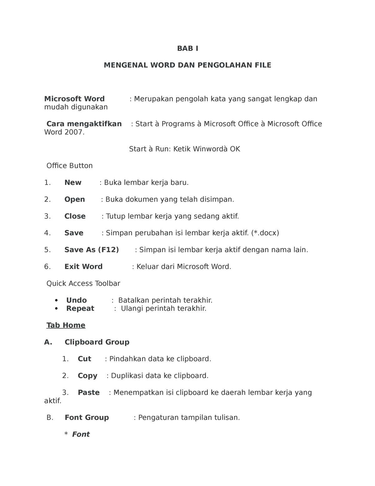 1. Mengenal WORD DAN Pengolahan FILE - BAB I MENGENAL WORD DAN PENGOLAHAN FILE Microsoft ...