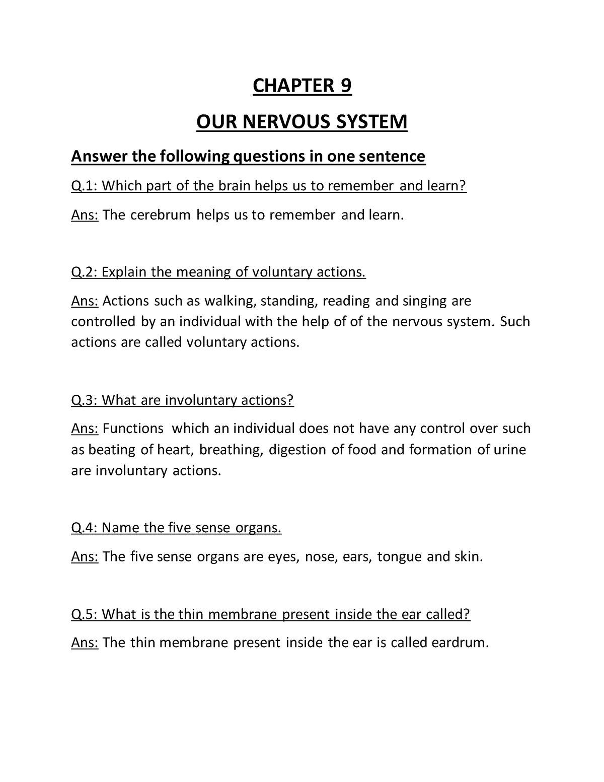 Nervous System Class 5 CHAPTER 9 OUR NERVOUS SYSTEM Answer The 