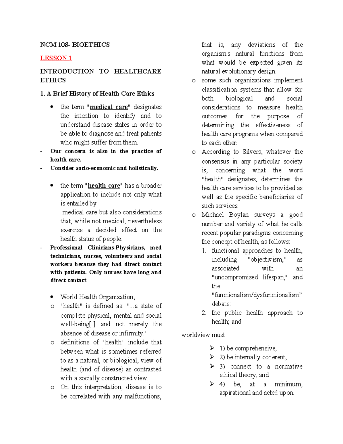 NCM 108 Lesson 1 2 3 - NCM 108- BIOETHICS LESSON 1 INTRODUCTION TO ...