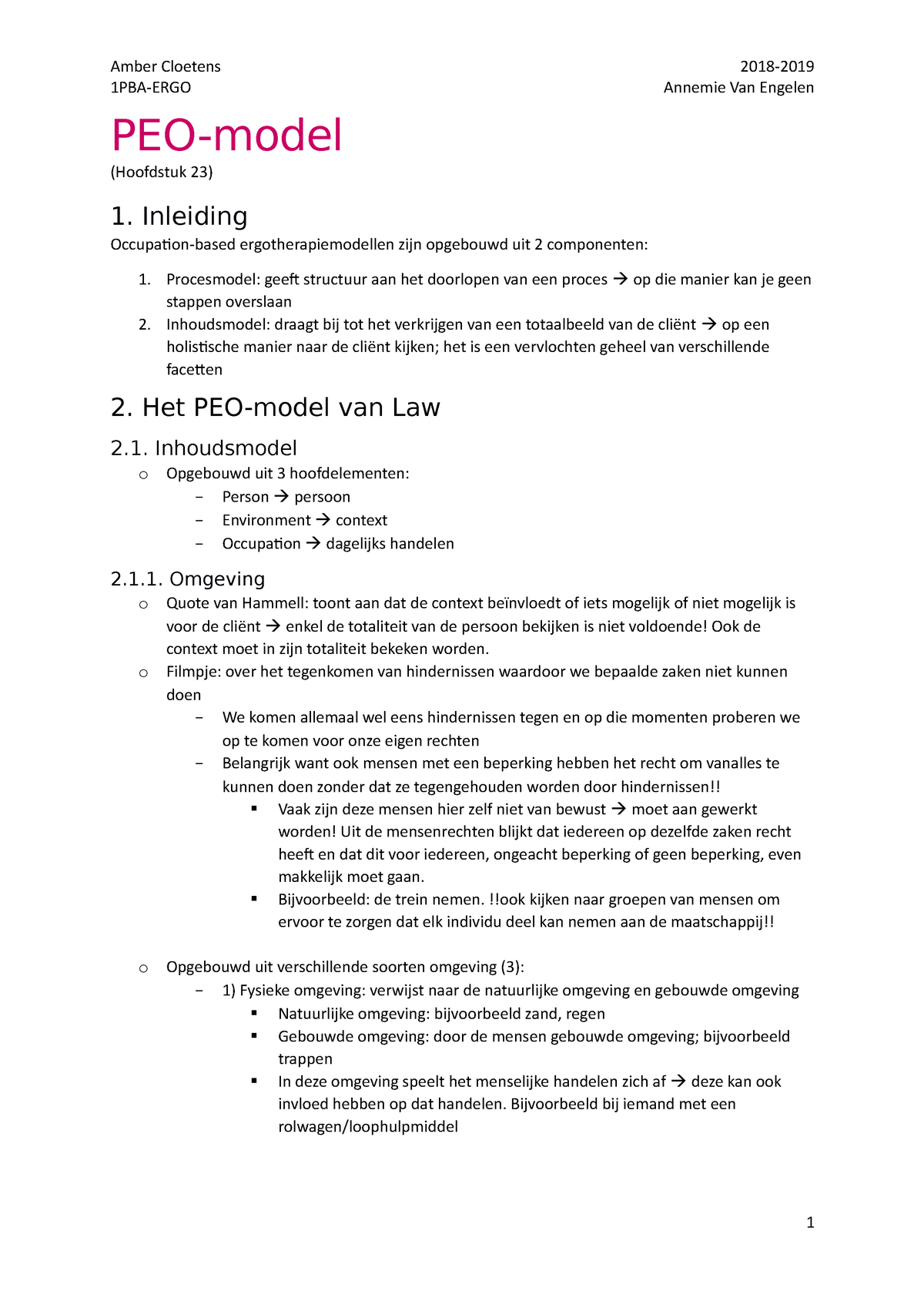 PEO - Samenvatting Beroepsontwikkeling - 1PBA-ERGO Annemie Van Engelen ...