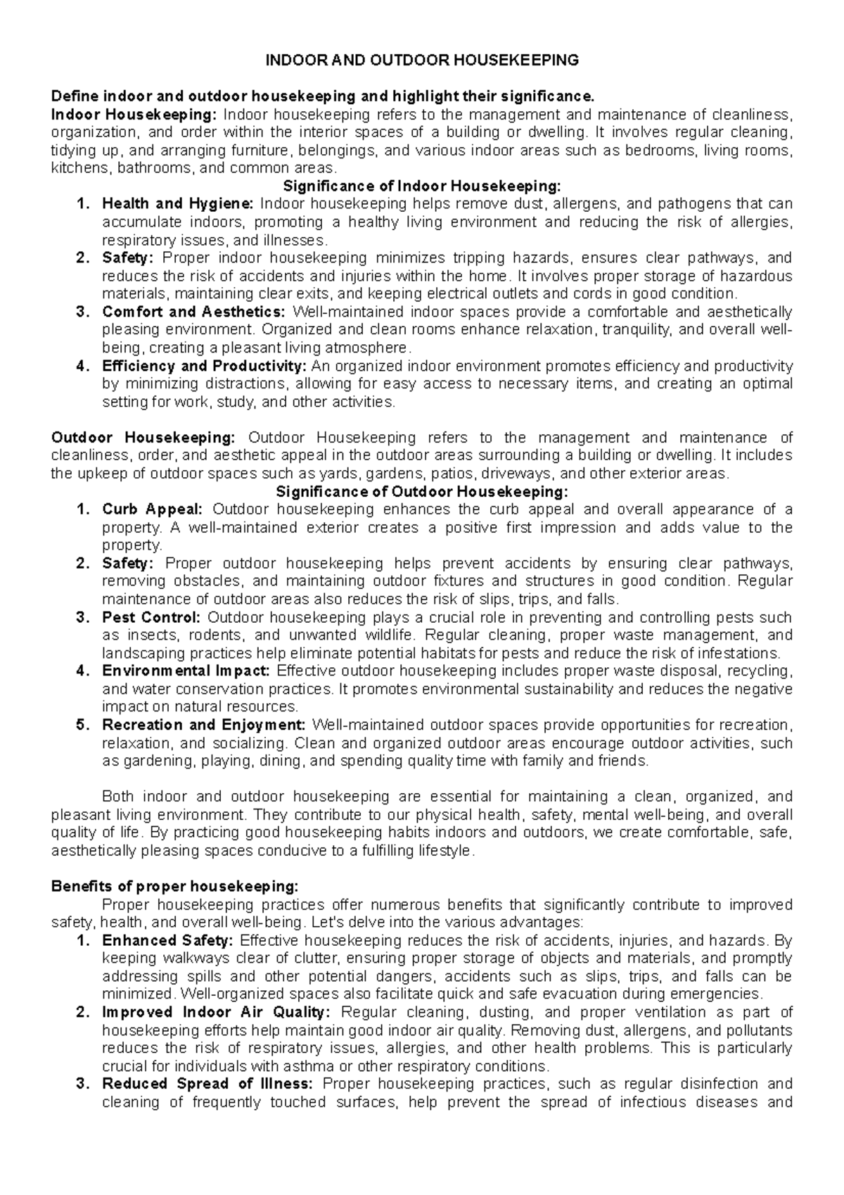 Chapter 11 Indoor AND Outdoor Housekeeping INDOOR AND OUTDOOR