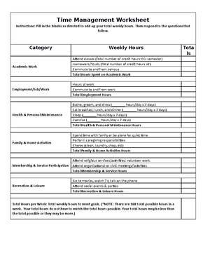 Time Management Worksheet - Time Management Worksheet Instrucions: Fill ...