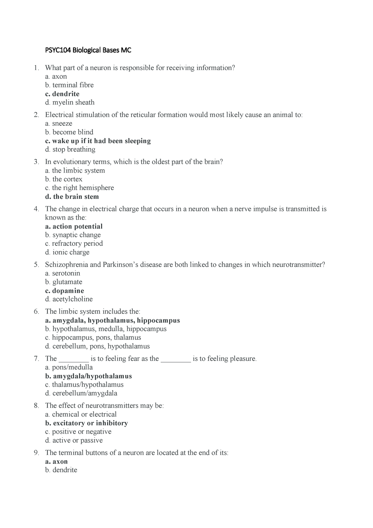 Biological Bases MC - What Part Of A Neuron Is Responsible For ...