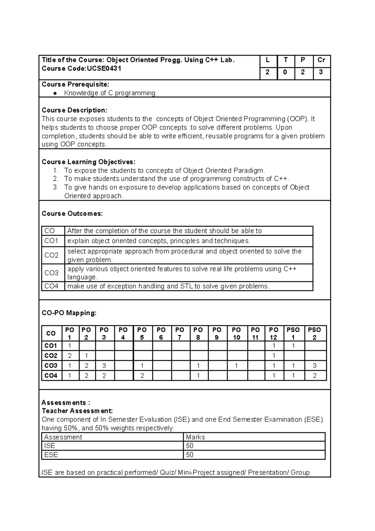 UCSE0431-OOPUsing C++Lab Syllabus - Title of the Course: Object ...