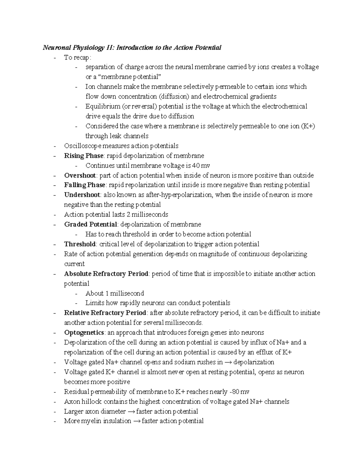 NE 101 Lecture 5 Compiled Notes - Neuronal Physiology II: Introduction ...