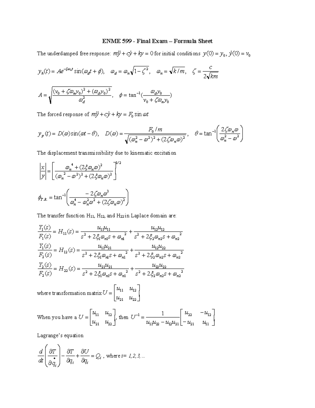 2022W ENME 599 Final Formula Sheet ENME 599 Final Exam Formula
