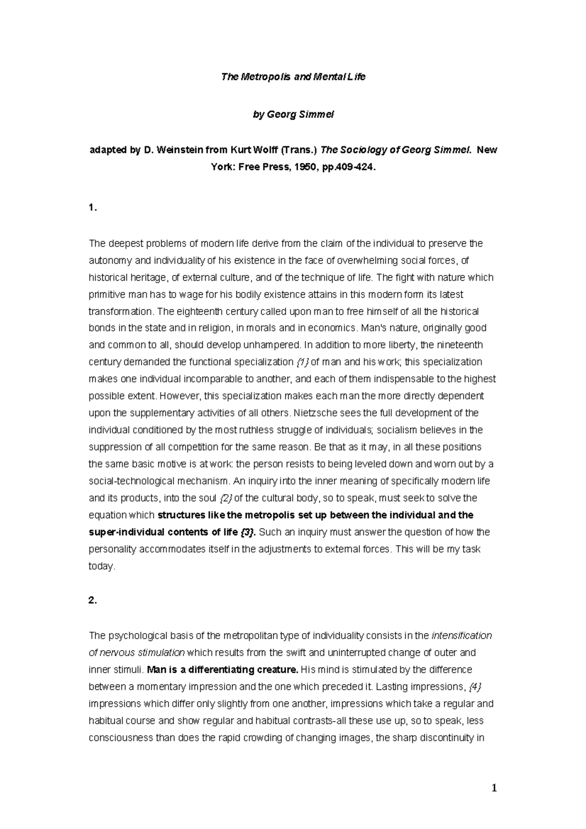 The Metropolis and Mental Life - Weinstein from Kurt Wolff (Trans.) The ...