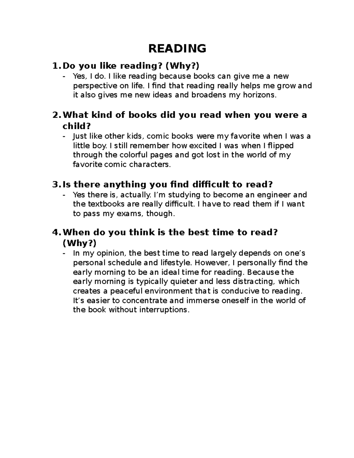 speaking reading - READING 1. Do you like reading? (Why?) - Yes, I do ...