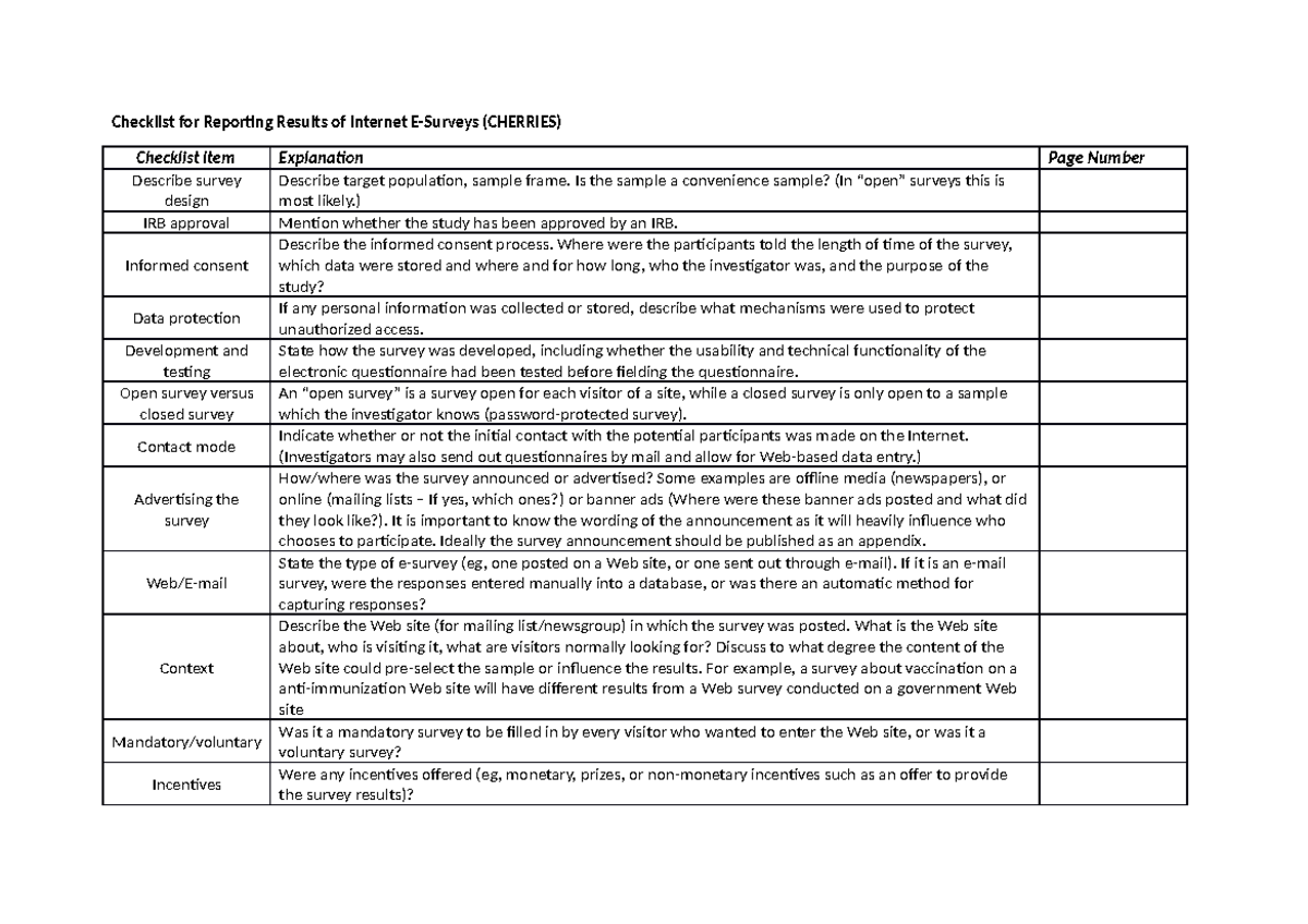 JMIG Cherries - Checklist for Reporting Results of Internet E-Surveys ...