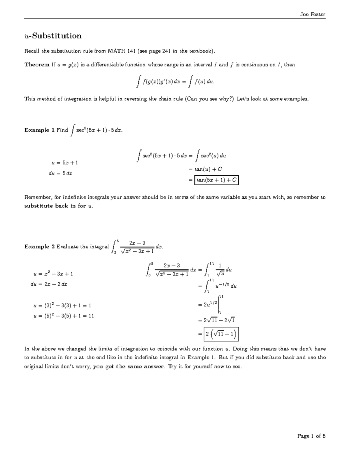 Practise Questions - maths144 - Joe Foster u-Substitution Recall the ...