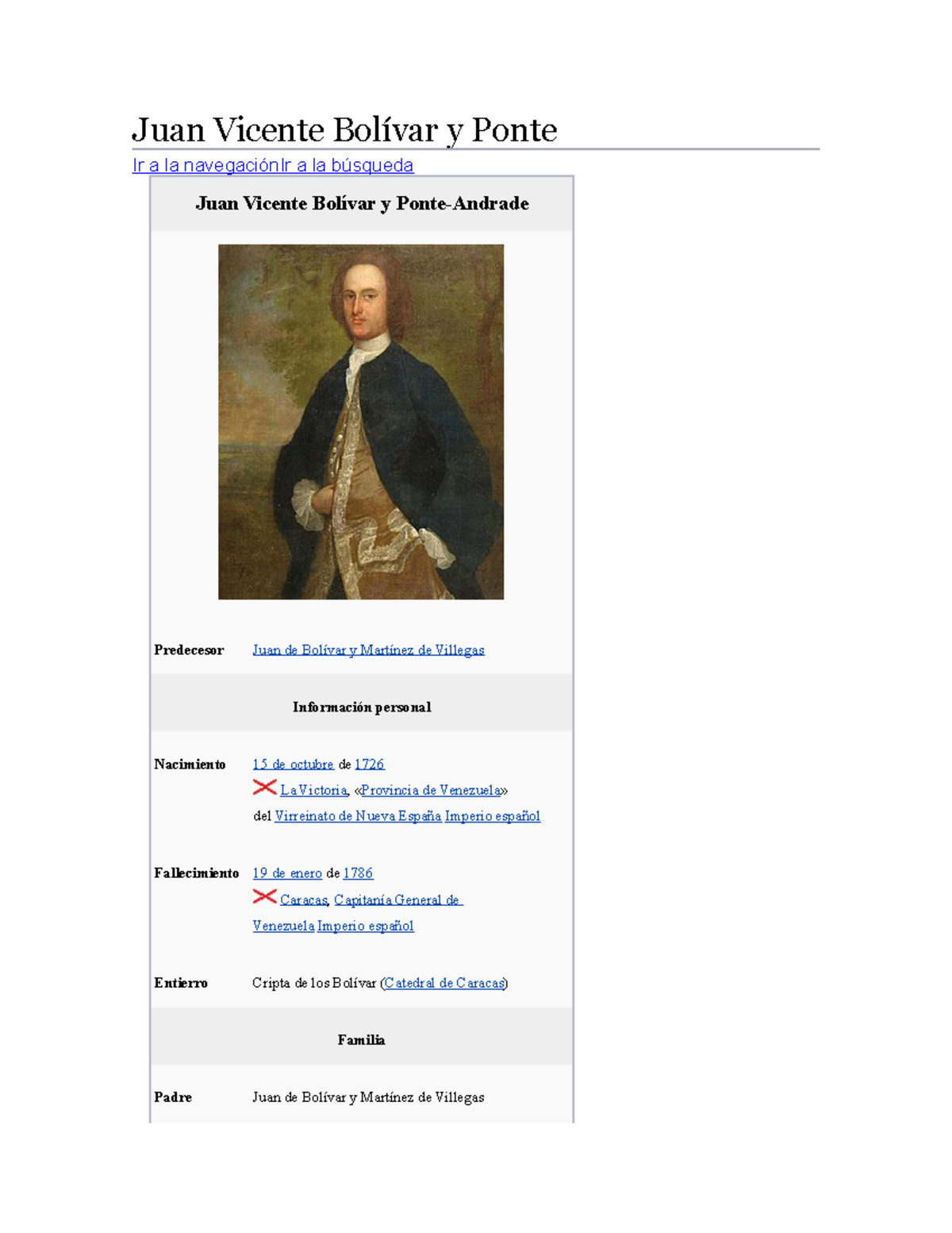 Juan Vicente Bolívar y Ponte Sus padres fueron el político aragüeño