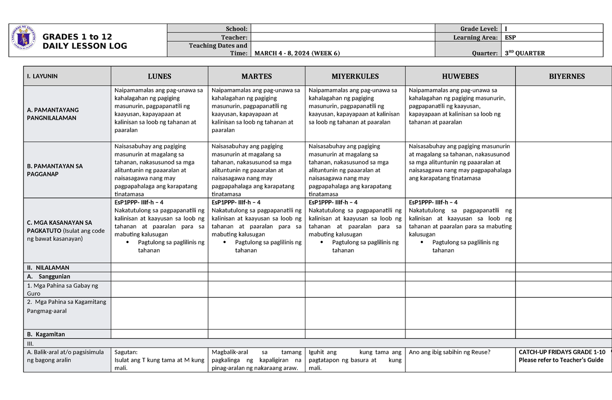 DLL ESP 1 Q3 W6 - English - GRADES 1 To 12 DAILY LESSON LOG School ...