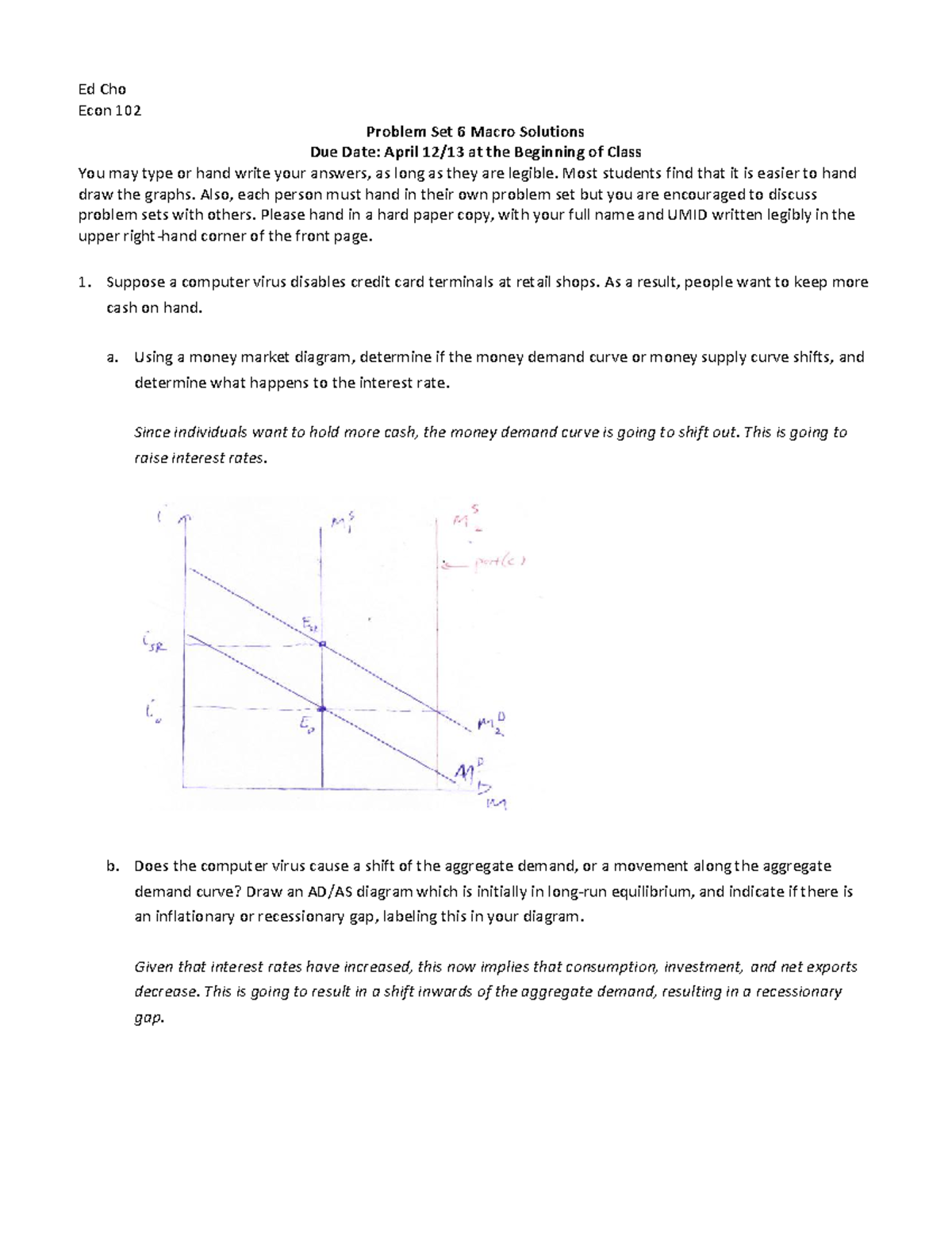 Problem set 6 macro solutions - Ed Cho Econ 102 Problem Set 6 Macro ...