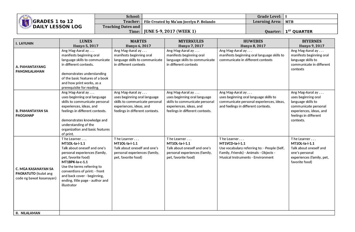 DLL MTB 1 Q1 W1 - Daily Lesson Log - GRADES 1 to 12 DAILY LESSON LOG ...