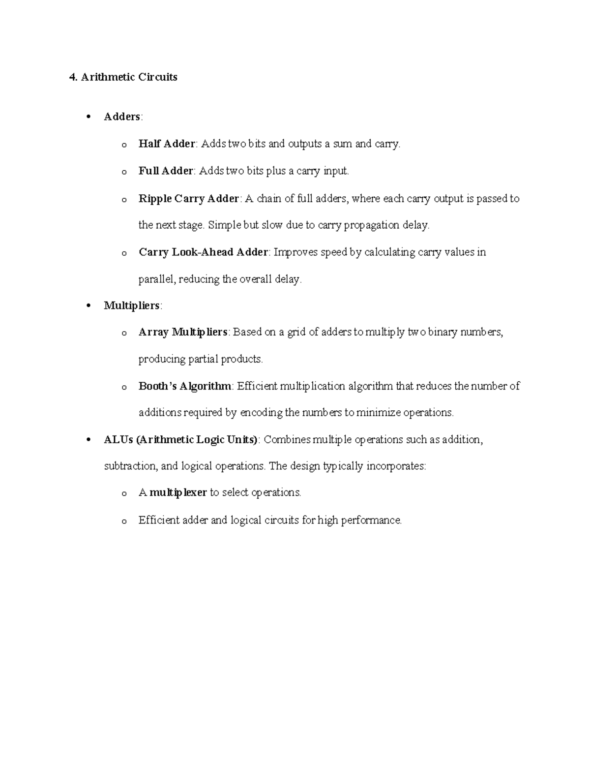 Notes for digital 4 - Electronics - 4. Arithmetic Circuits Adders: o ...