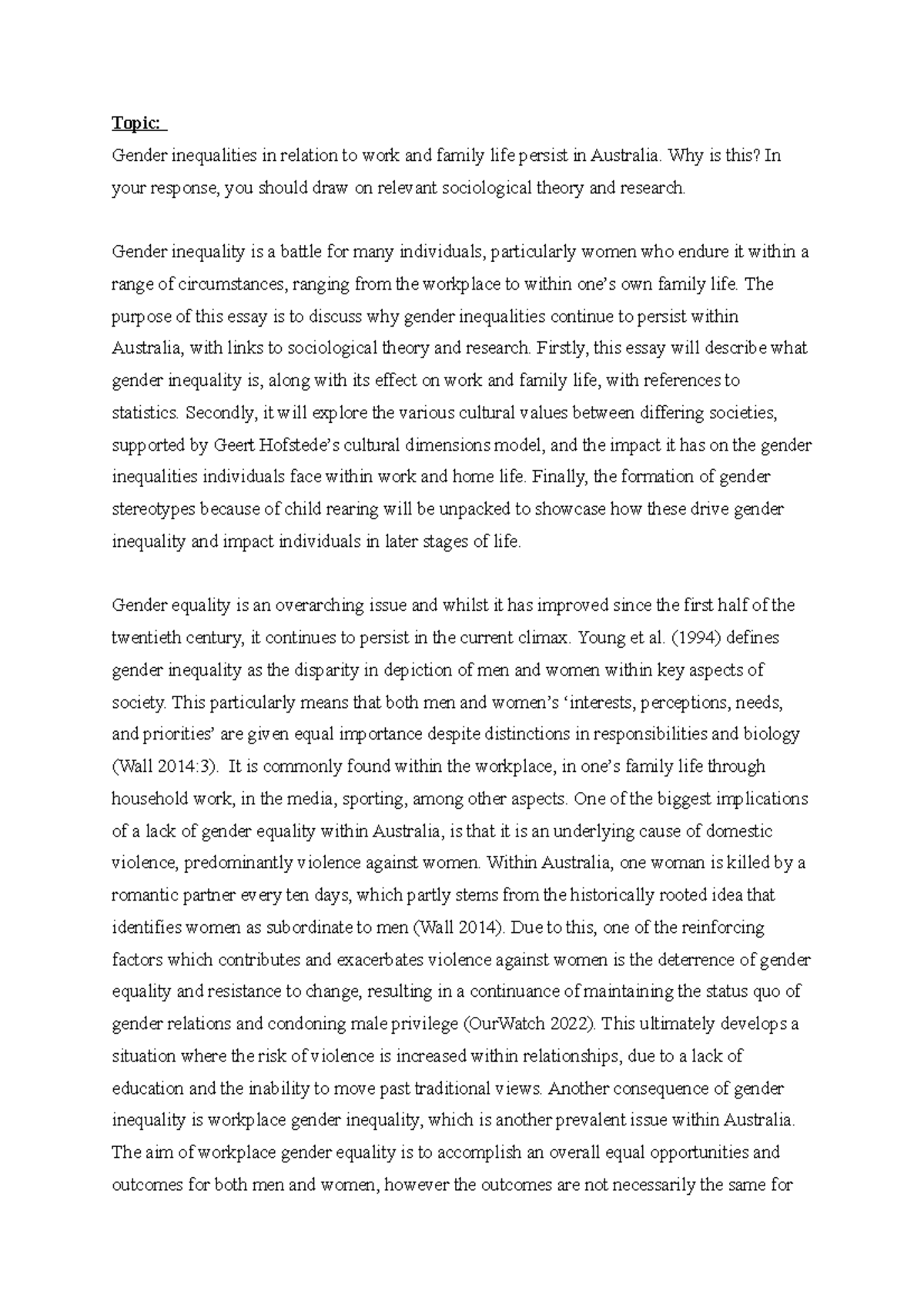 ATS1365 Kohli Essay - Topic: Gender inequalities in relation to work ...
