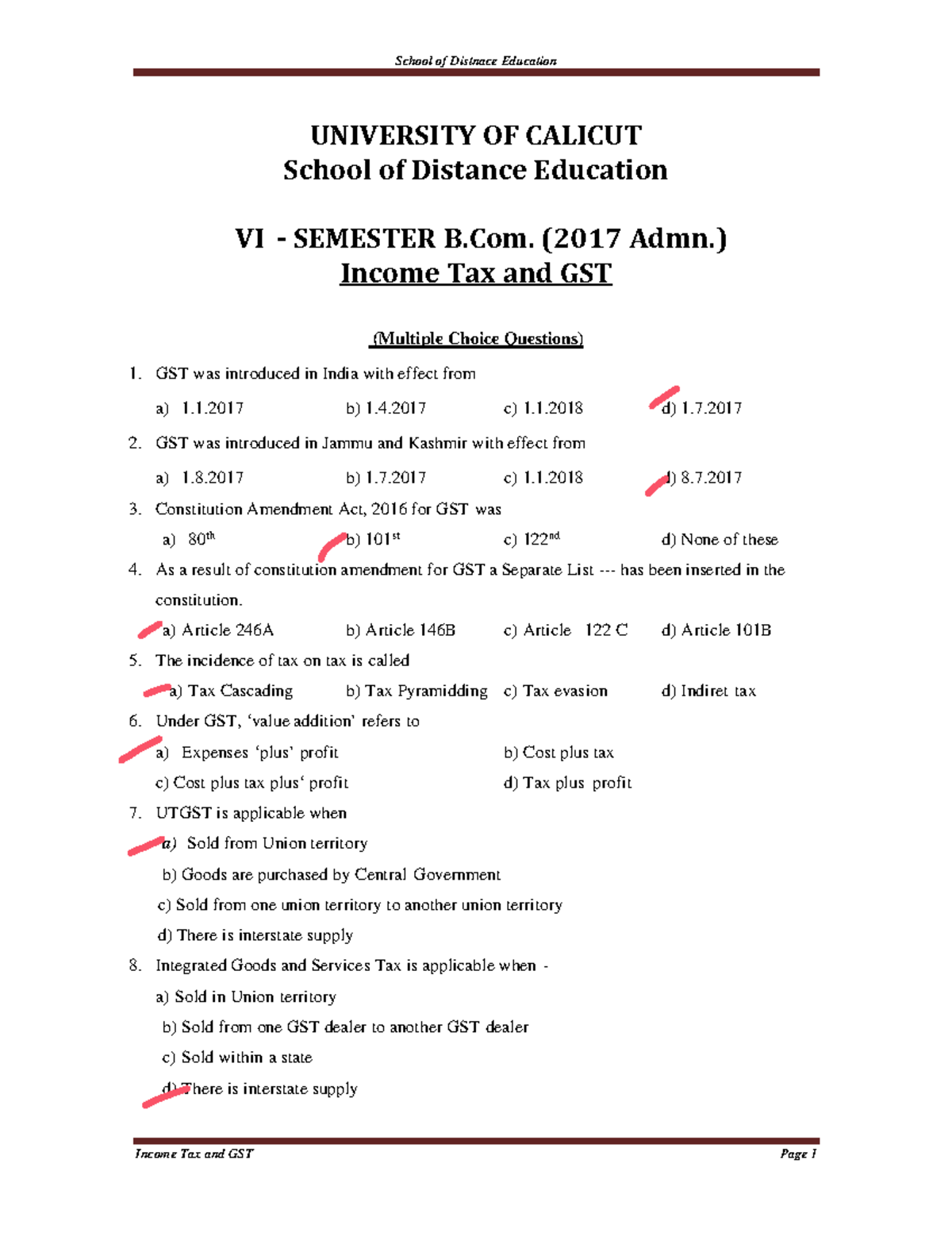 VI Sem. - Income Tax And GST MCQ - UNIVERSITY OF CALICUT School Of ...