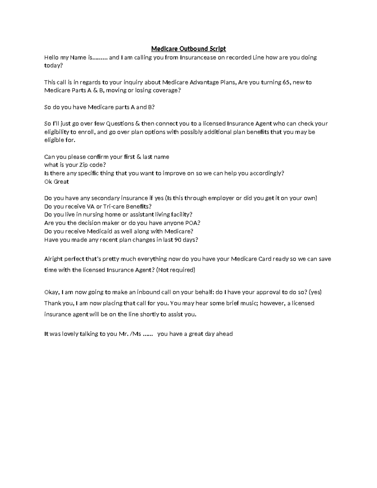 Mars Medicare Outbound Script V2 - Medicare Outbound Script Hello my ...