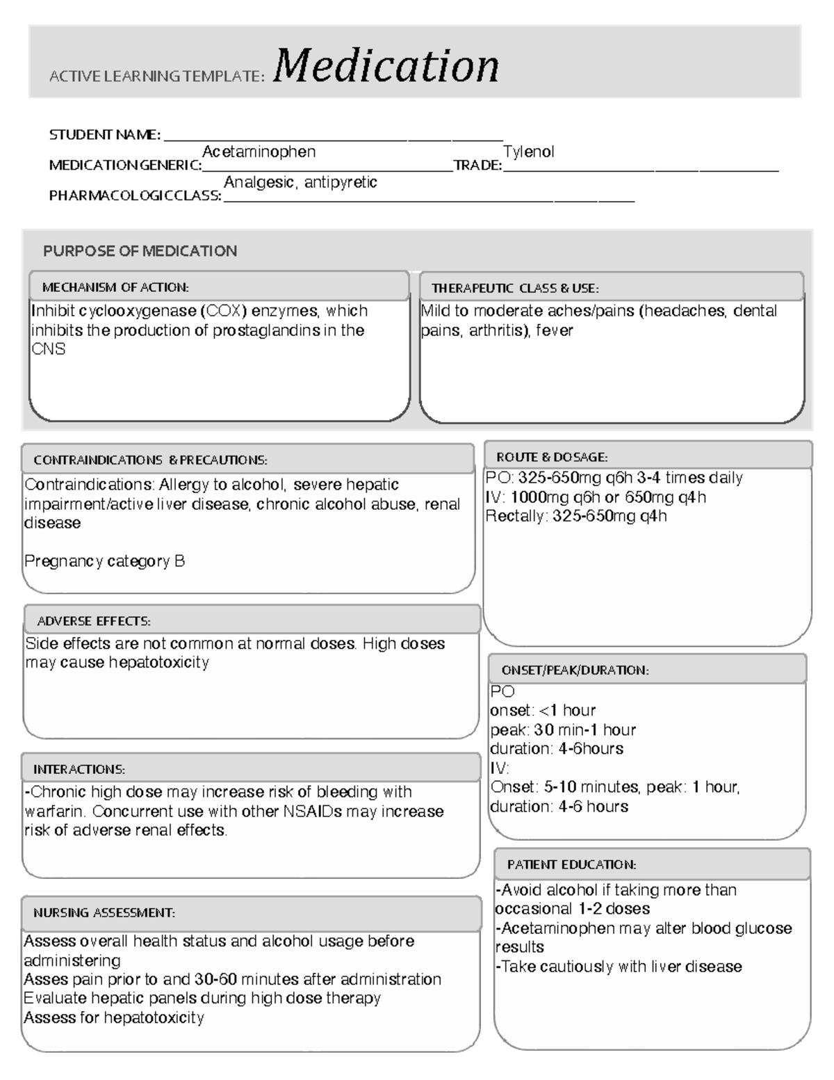 Acetaminophen Medication Card STUDENT NAME