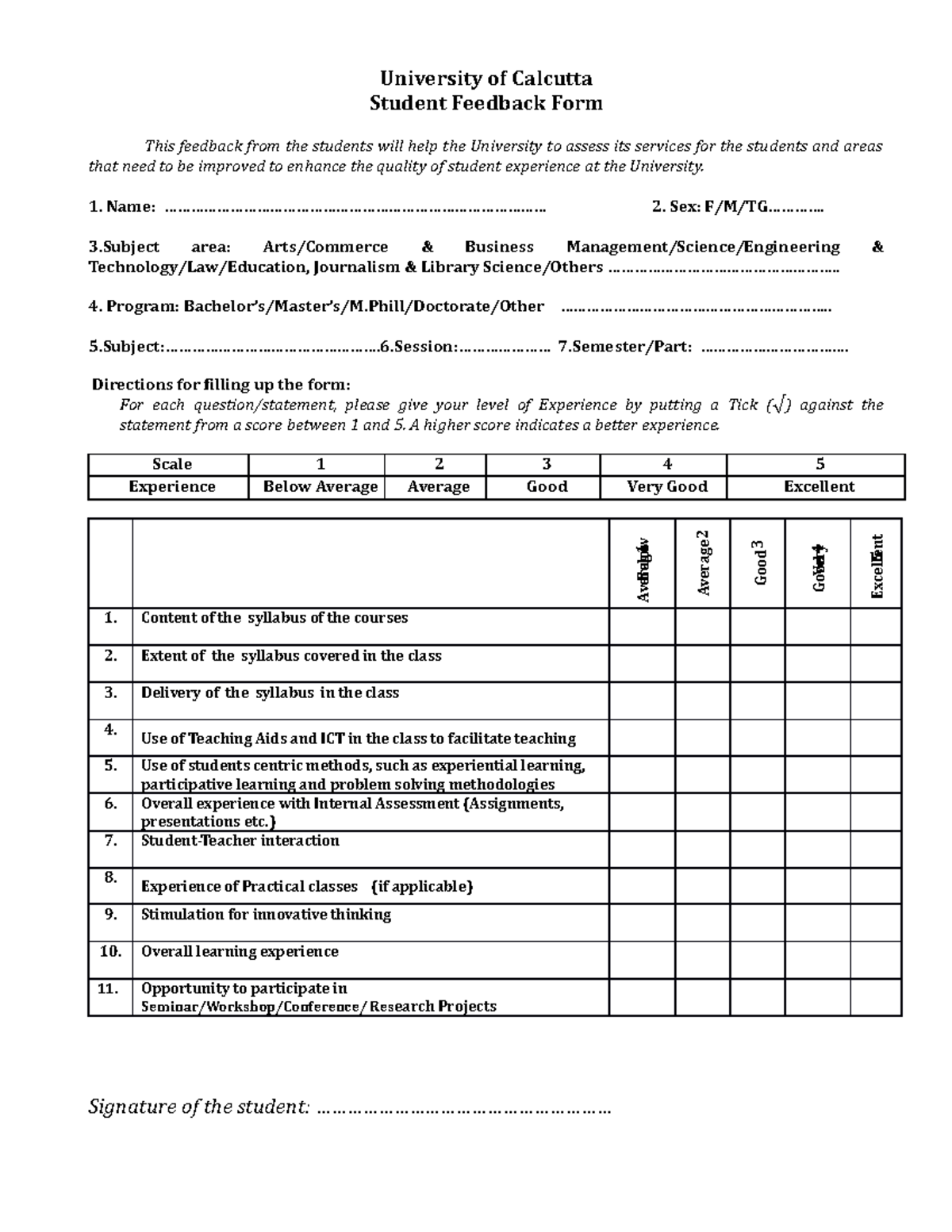 CU Student-Feedback-Proforma - University of Calcutta Student Feedback ...