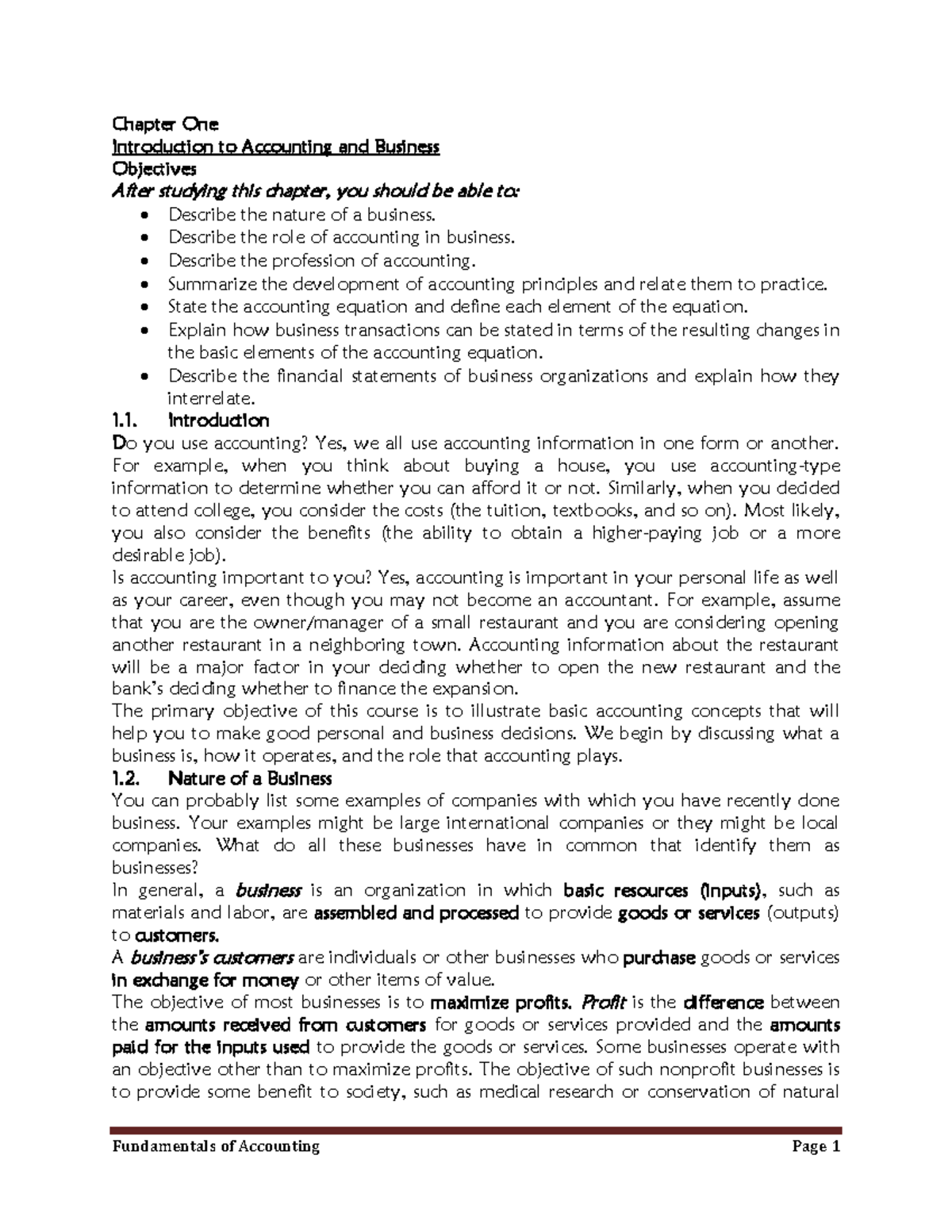 Chapter 1 Introduction to Accounting and Business - Chapter One ...