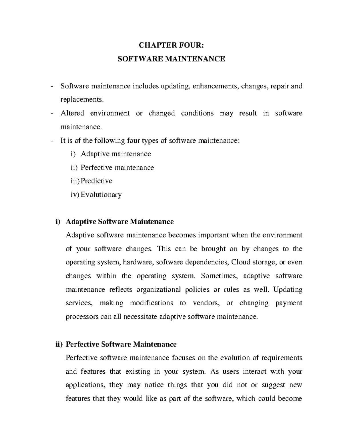 BBIT 222 - Chapter 4 - CHAPTER FOUR: SOFTWARE MAINTENANCE Software ...