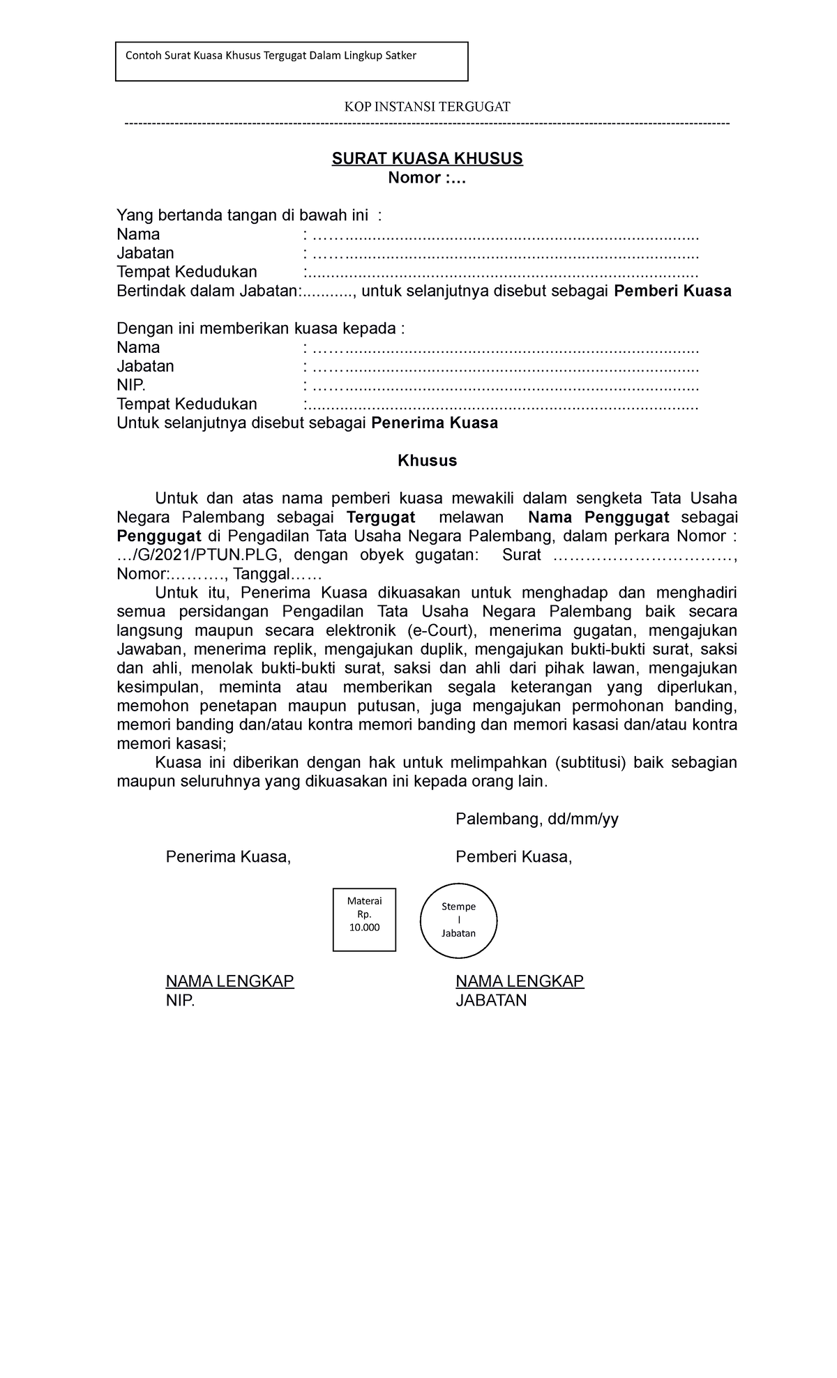 Contoh Surat Kuasa Khusus Tergugat - revisi afif - KOP INSTANSI