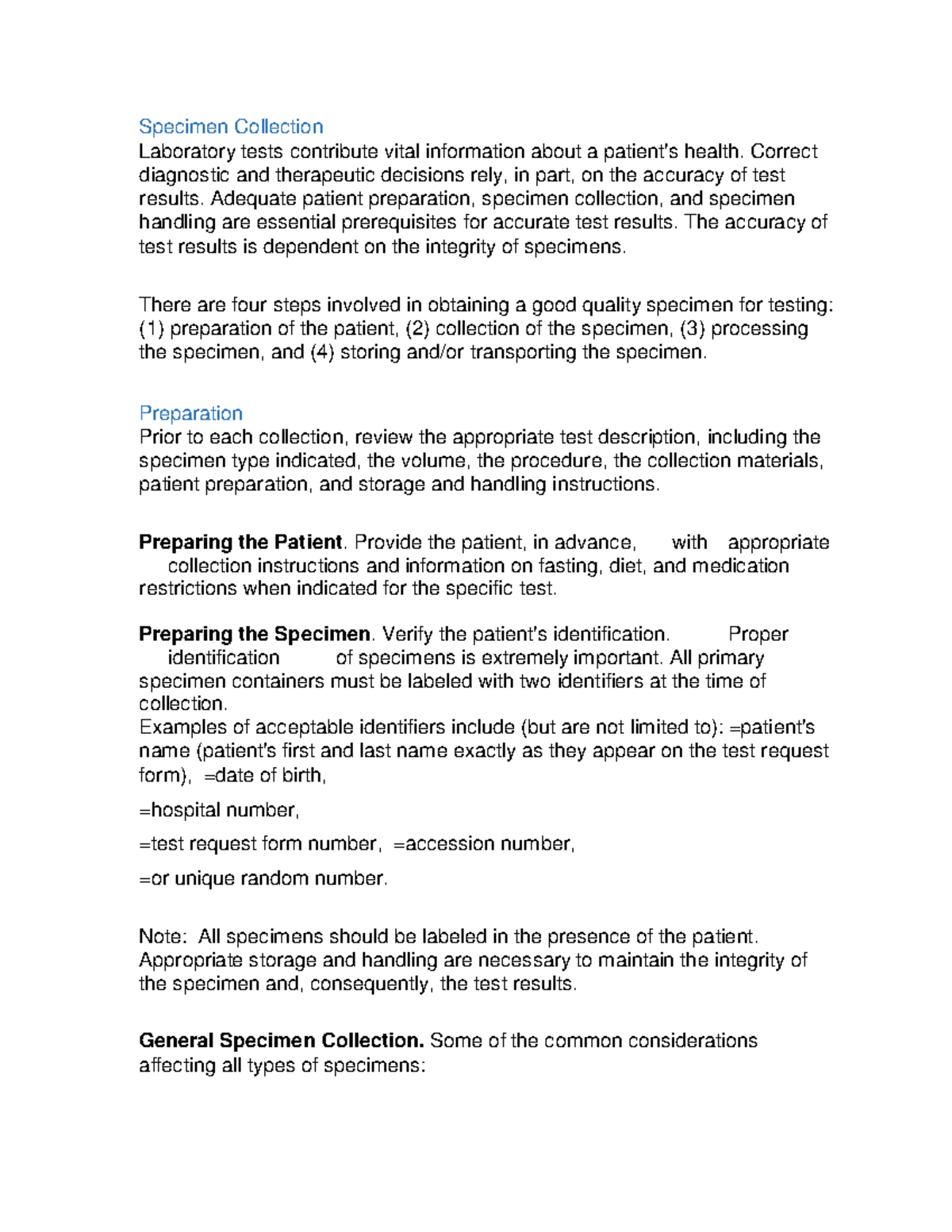 Specimen Collection summary Specimen Collection Laboratory tests