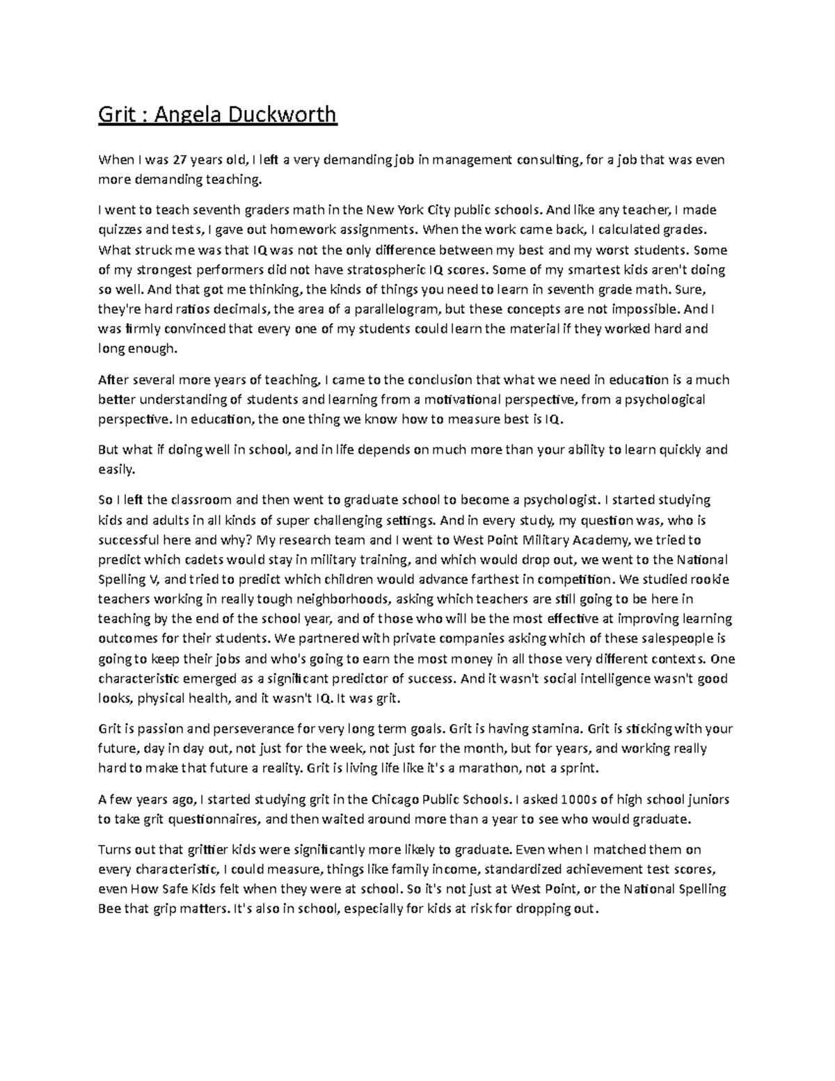 Grit ted talk FSA Grit Angela Duckworth When I was 27 years old