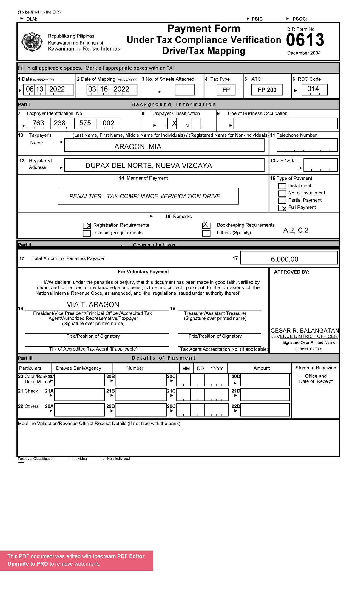 0613dec2004 - TCVD 0613 BIR FORM - (To Be Filled Up The BIR) DLN: PSIC ...