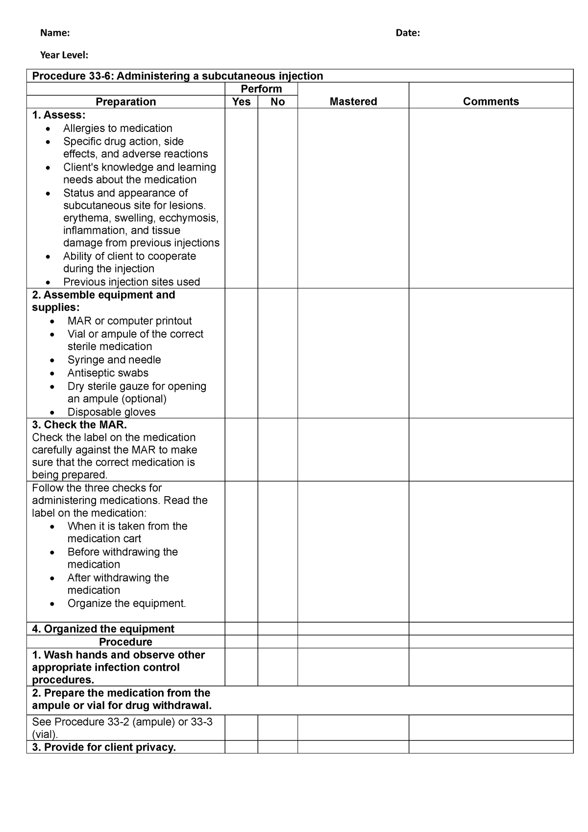 Check list for Administering a subcutaneous injection - Procedure 33 ...