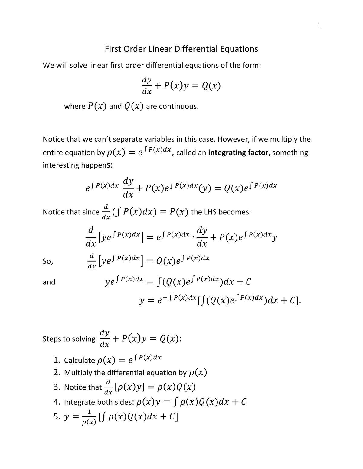 First Order Linear Differential Equations Notice That We Cant Separate Variables In This Case 4787