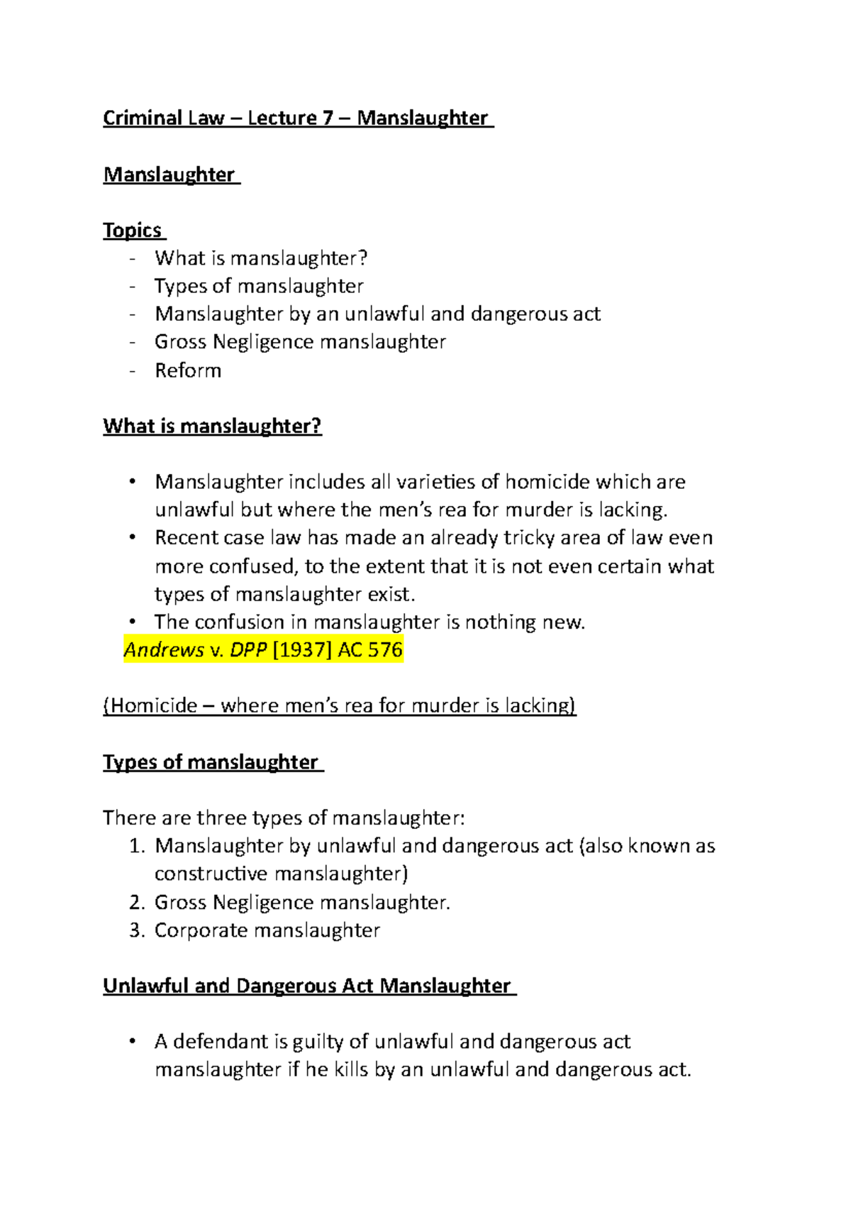 Criminal Law – Manslaughter - Criminal Law – Lecture 7 – Manslaughter ...