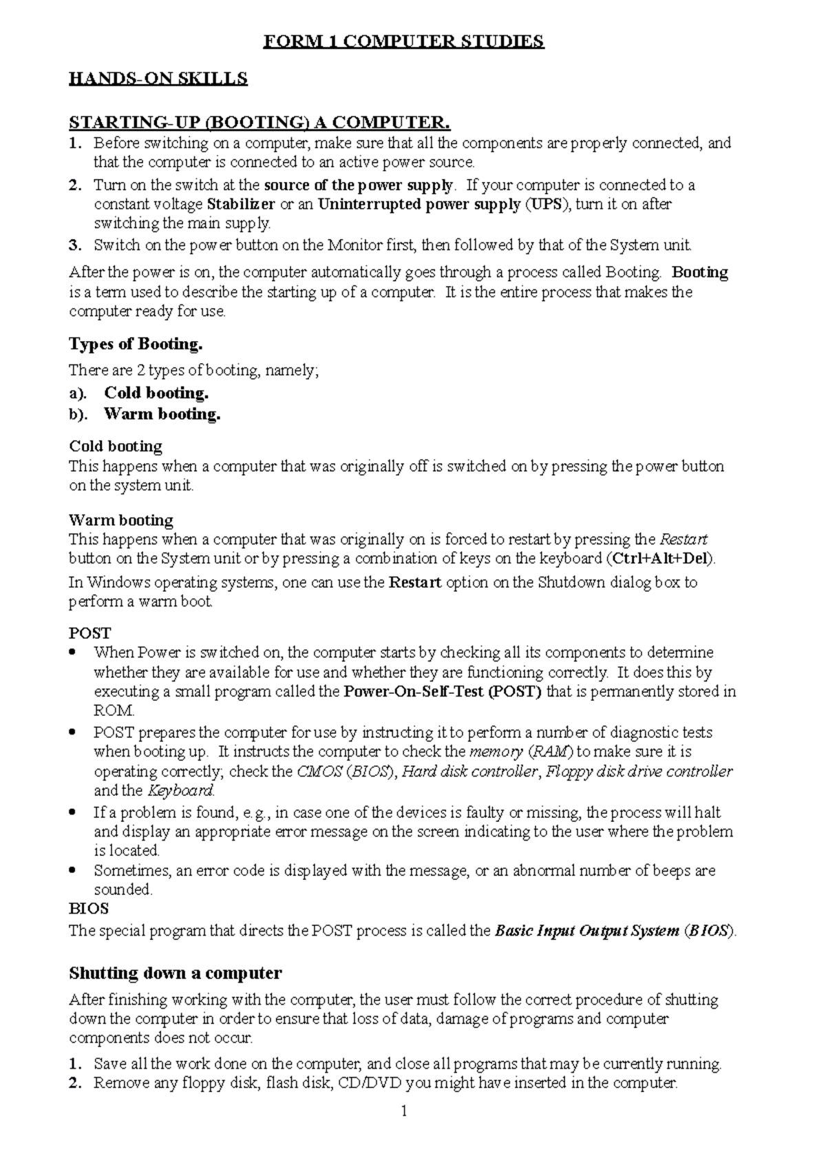 Hands ON Skills Handout - FORM 1 COMPUTER STUDIES HANDS-ON SKILLS ...