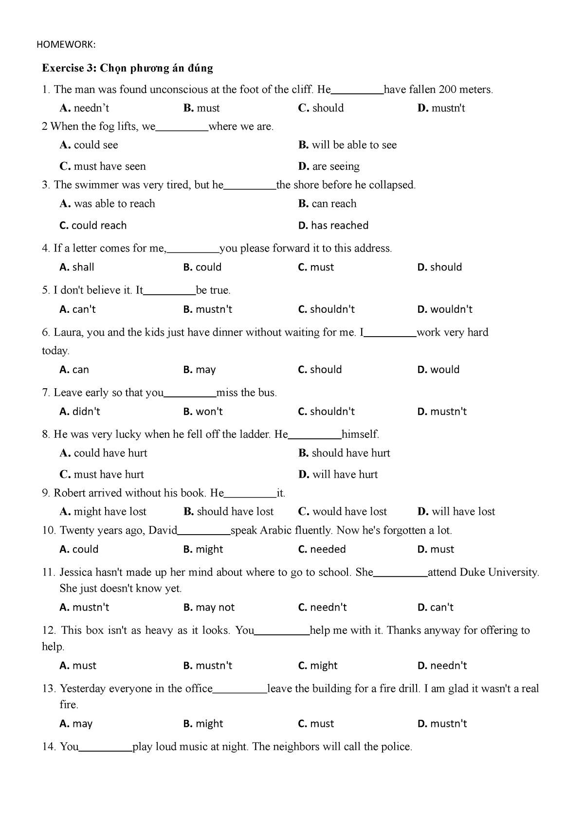 modal verbs homework year 6