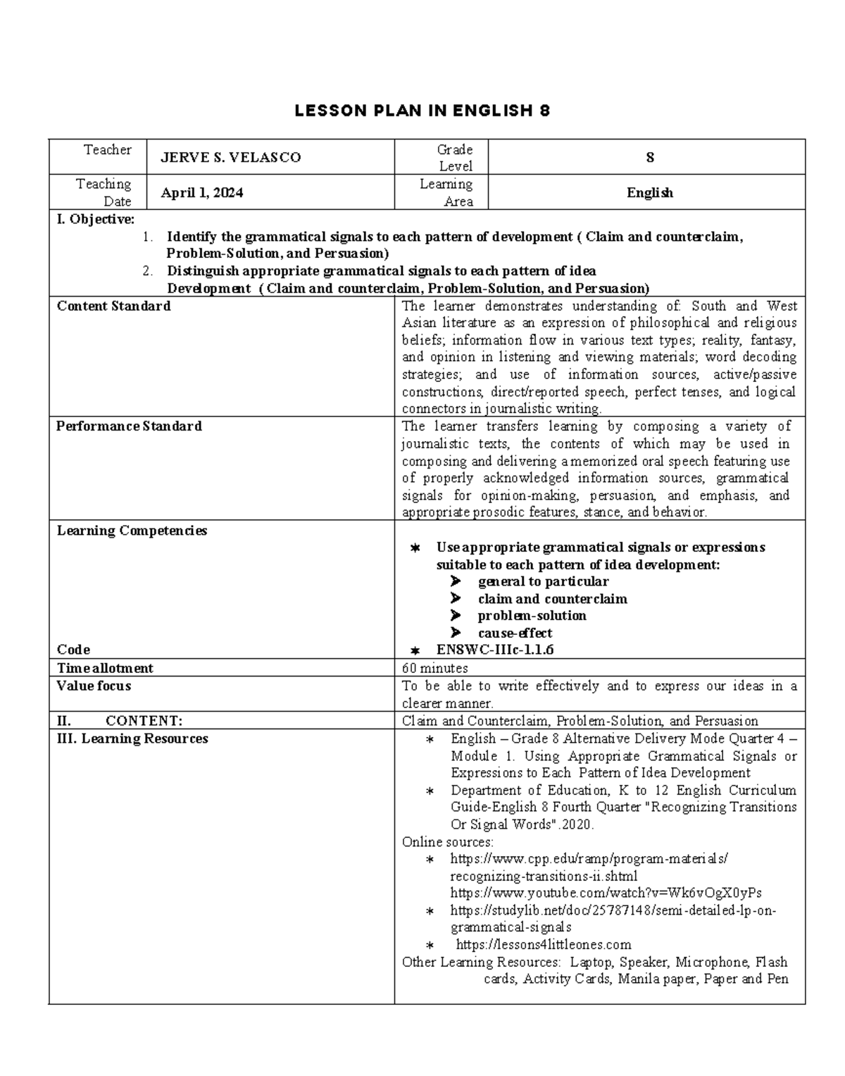 Finaldemo LP GR8 LESSON PLAN IN ENGLISH 8 Teacher JERVE S. VELASCO