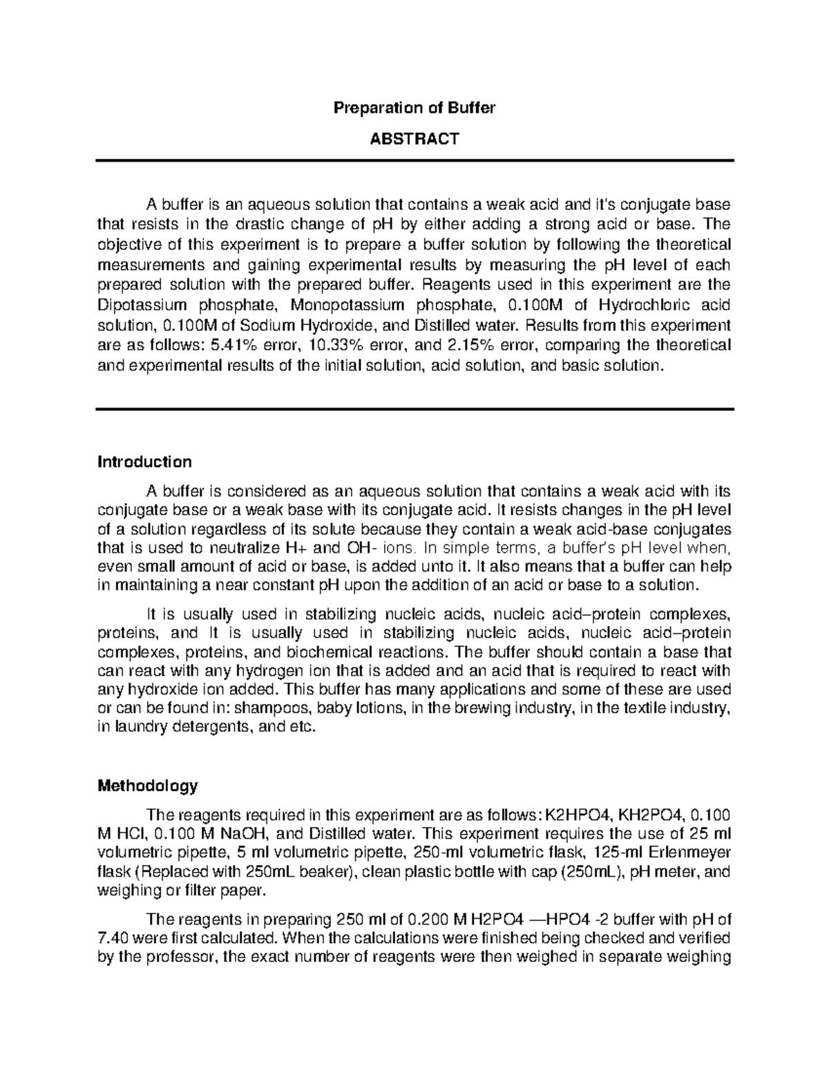 Preparation of Buffer Full Laboratory Report Preparation of Buffer