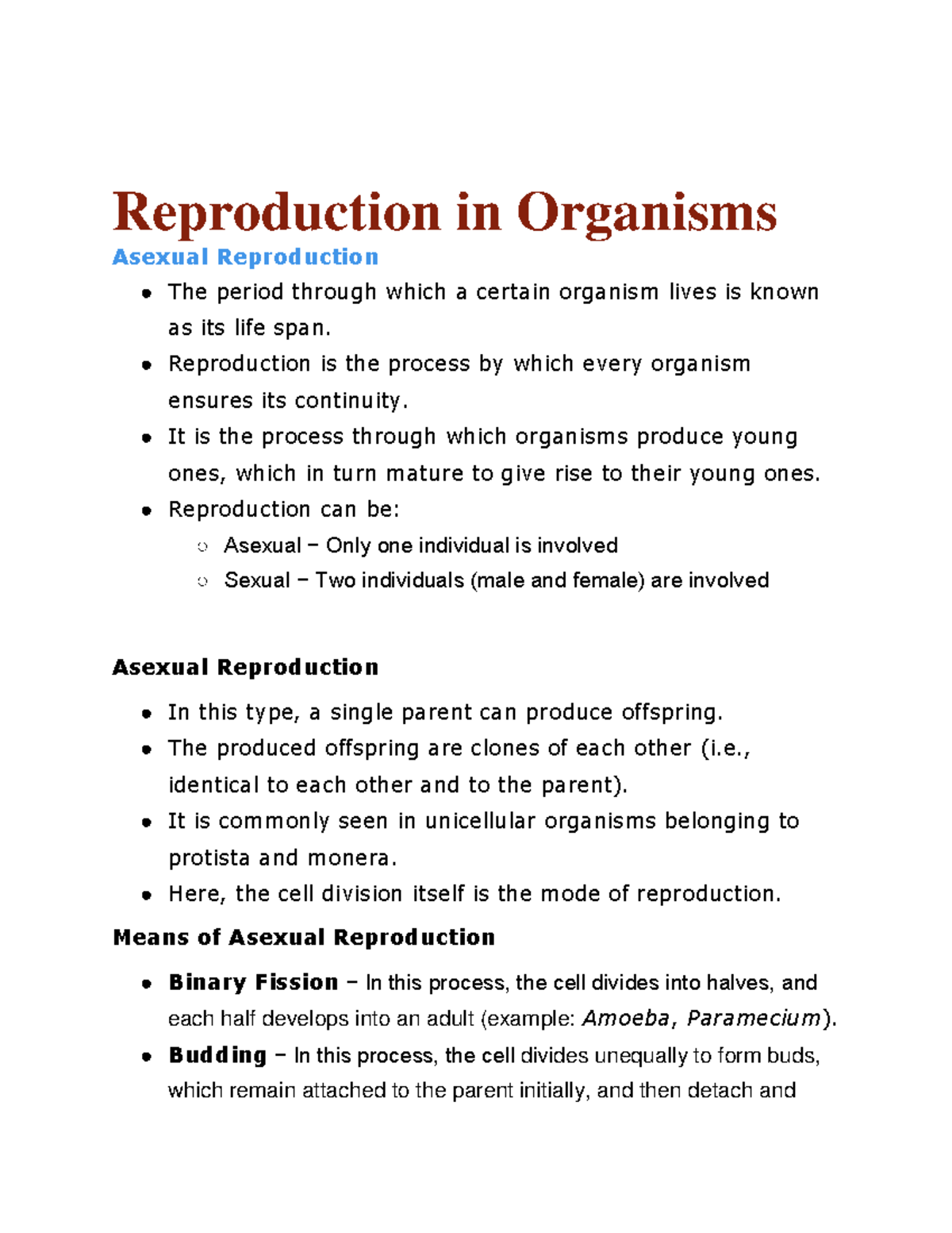 Biology Revision FAST Notes - Reproduction in Organisms Asexual ...